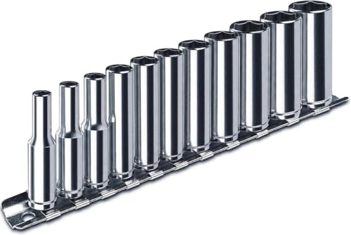 Juego de llaves de vasos 1/4 largos 6 caras, de 4 a 13 mm en rail, 11 piezas