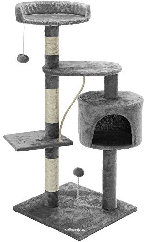 CADOCA® Kratzbaum 112 cm Silbergrau mit Höhle + 3 Plattformen + 2 Spielbälle 1 Spielseil Kratzstamm Katzenkratzbaum Katzenmöbel Katzenschlafplatz