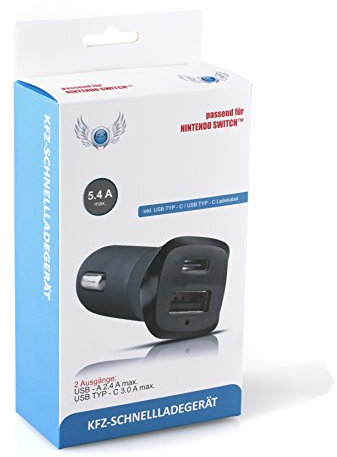 SKGAMES 2 Port KFZ Auto Schnell Ladegerät Adapter für Nintendo Switch/Schwarz/inkl. USB TYP-C auf USB TYP-C Ladekabel