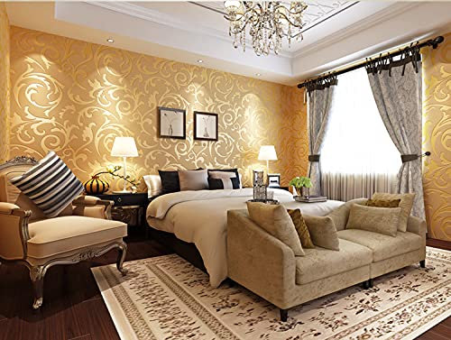 Zerone Geprägte Tapete Roll, 3D Wasserdicht Blatt Muster Selbstklebende Tapeten für Wohnzimmer Schlafzimmer, 10m x (Gold)
