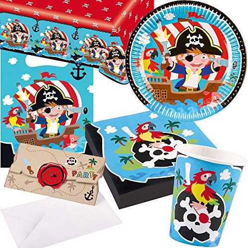 105-tlg. PARTY-SET * LITTLE PIRATES * für Kindergeburtstag mit 8 Kinder: Teller, Becher, Servietten, Einladungen, Tischdecke, Partytüten, Deko | Geburtstag Partyset Kinderparty Piraten Kinderpiraten