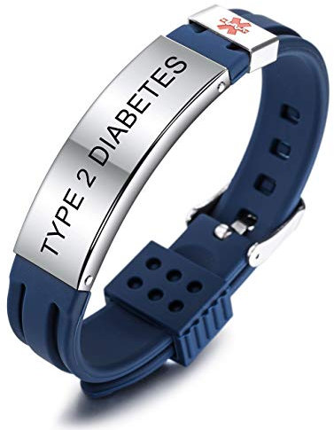 MOWOM Medical Braccialetto Personalizzato con Incisione in Silicone identificativo Regolabile per Uomo Donna Bambini in Acciaio Inossidabile Gomma- (Blu Type 2 Diabetes)
