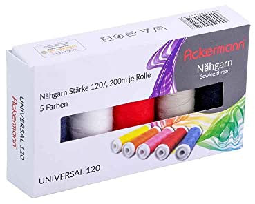 Ackermann 5X 200m UNIVERSAL NÄHGARN (Allesnäher), Stärke 120, 100% Polyester, reißfest (Bunt, Farbenmix (Siehe Abbildung))