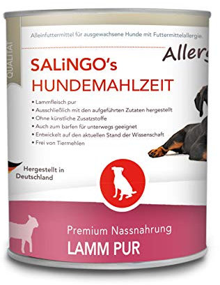 SALiNGO Premium Nassfutter für Hunde Lamm PUR, getreidefrei, hoher Fleischanteil, hypoallergen, Barf Dosen (12x800g)