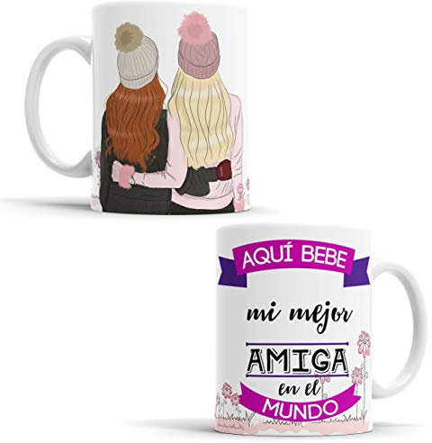 OyC Original y Creativo Taza Amiga - Taza Aquí Bebe la Mejor Amiga del Mundo/Taza aqui Bebe una Super Amiga/Taza con Frase y Dibujo (Mejor Amiga 2)