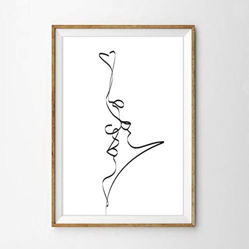 OLGKJ Abstrait Couple Baiser Simple Ligne Dessin Amour Noir Blanc Affiche Romantique Cadeaux Chambre Murale Art Toile Tableau Peinture Decoration sans Cadre