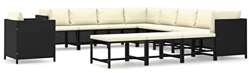 vidaXL Gartenmöbel 12-TLG. mit Kissen Garten Garnitur Sitzgruppe Lounge Sofa Sitzgarnitur Gartenset Gartensofa Mittelsofa Ecksofa Poly Rattan Schwarz