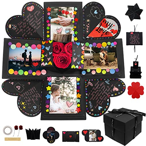 Hamiggaa Explosionsbox-Geschenke, Überraschung, kreatives DIY-Foto, explodierende Liebesbox, Liebes-Memory-Foto-Box mit 4 Gesichtern für Jahrestag, Geburtstag, Valentinstag und Hochzeit (schwarz)