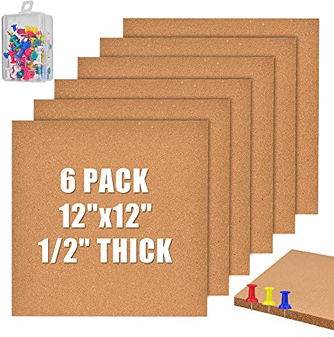 Okydoky 12x12 (30.5 X 30.5cm) Self-Adhesive Cork Borad, 1/2 (12mm) Thick Cork Tiles for Walls, 6 Pack Bulletin Board with 50 Push Pins for Office, Home, School(12mm,6P,UK)