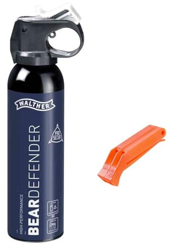 Pfefferspray Bärabwehrspray Bear Defender 225 ml Tierabwehr Selbstverteidigung 10 Meter Reichweite inklusive Gürtelholster & Solas geprüfte & NATO zugelassene NOT-Pfeife