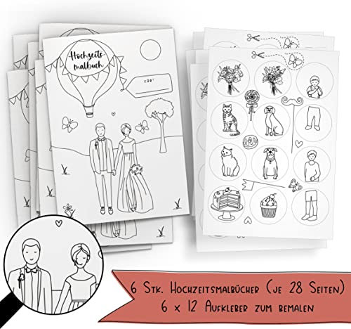 Schokoladenseite 6er Set: Hochzeitsmalbuch mit verschiedenen Brautpaar Designs und bemalbaren Aufklebern! 6 Malbücher für Kinder mit je 12 Aufkleber. (K+S, ohne Stifte)