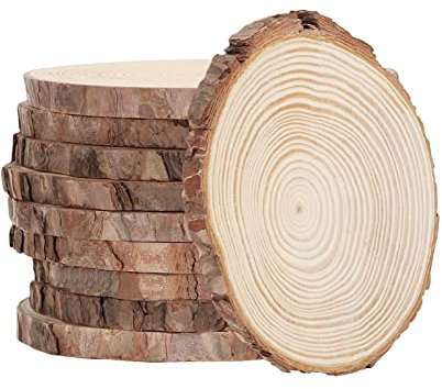 Huixinue Holzscheiben 10 Stücke Baumstamm Deko,Baumscheiben 13-14cm Durchmesser 10mm dick,Ungebohrte baumscheibe,für Basteln,Hochzeit,Weihnachtsdekoration,Mit Bindfaden und Klauen Nägel.
