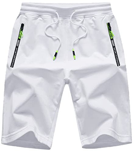 JustSun Kurze Hosen Herren Shorts Sommer Kurze Jogginghose Sporthose Sweatshorts Baumwolle Sport Shorts mit Reißverschluss Weiß L