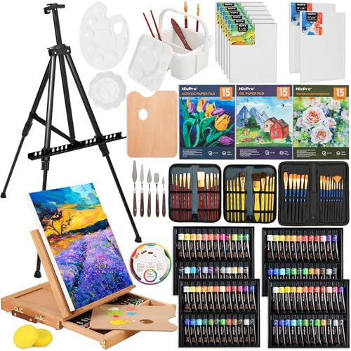 Nicpro 158PCS Deluxe Large Painting Kit with Metal and Solid Beech Wood Easel, Acrylic, Oil & Watercolour Paint Set, Paint Brushes, Canvases, Palette, Paper Pad, Professional Art Set for Adults Artist