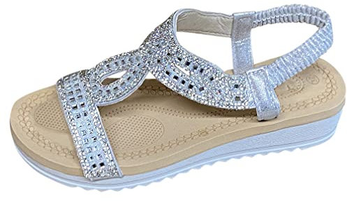 Pogolino Damen Sandalen Glitzer Zehentrenner Riemchen Blumen Nieten Sommer Sandaletten A12 – Silber – 38
