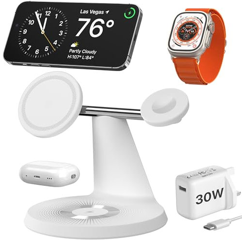 Wireless Charging Station, 3 in 1 for MagSafe Charger Stand, Wireless Charger Fast Charging for iPhone 16 15 14 13 12 Series, Apple Watch Series 1-8/Ultra, AirPods Pro/3/2 (30W Adapter Included)