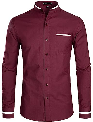 PARKLEES Mens Hipster Design Grandad Collar Oxford Shirt Slim Fit Long Sleeve Casual Button Down Dress Shirts with Pocket EU-PZ113 Maroon XXX-Large
