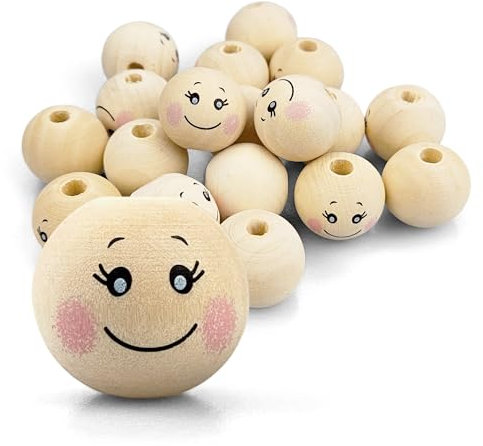 Netuno 17 Stück Holzkugeln mit lachendem Gesicht smiling face 20 mm x 18 mm Holz Köpfe Engelsköpfe Natur Bastel-Perlen für Makramee Deko-Kugeln mit Augen zum Basteln Schmuck Holzperlen mit Loch rund