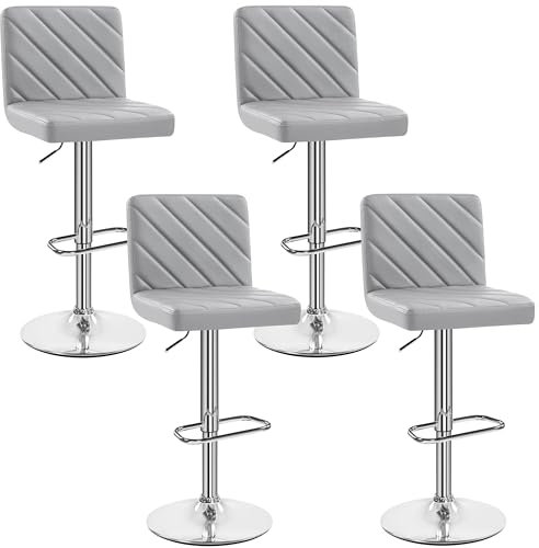 Yaheetech Lot de 4 Tabourets de Bar en Similicuir Réglables en Hauteur 92-113,5 cm Chaises de Bar Sièges Pivotants Modernes Design Rayures Tabourets Hauts Rembourrés avec Repose-Pied Gris Clair