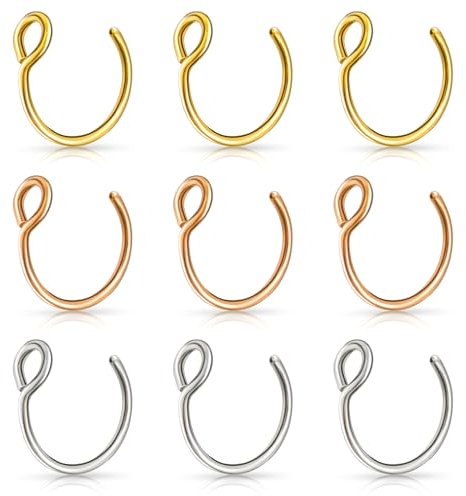Lusofie 9Pcs Fake Nose Rings,Fake Nose Ring Hoop Stainless Steel Nose Hoop for Faux Lip Septum Nose Ring Set
