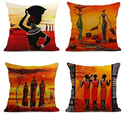 Alricc Lot de 4 housses de coussin carrées en lin, peinture à l'huile, art africain, tribu ethnique, dame, salon, décoration d'intérieur, taies d'oreiller carrées 45,7 x 45,7 cm