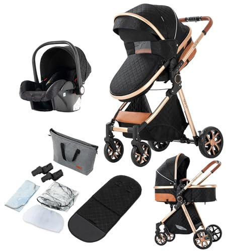 Reenborn Kinderwagen 3 in 1, Buggy mit Zwei Umkehrbaren Schiebemodi, Kinderwagen mit Rahmen Aluminiumlegierung, Kombikinderwagen 3 in 1 Komplettset mit Ein-Klick-Faltdesign (V9 Black)