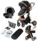Reenborn Kinderwagen 3 in 1, Buggy mit Zwei Umkehrbaren Schiebemodi, Kinderwagen mit Rahmen Aluminiumlegierung, Kombikinderwagen 3 in 1 Komplettset mit Ein-Klick-Faltdesign (V9 Black)
