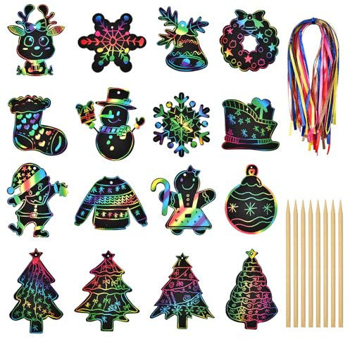 Weihnachten Kratzbilder für Kinder, Willingood 48 Stück Regenbogen Scratch Art Set Kratzpapier zum Basteln Kinder Scratch Paper mit 8 Holzstiften und 48 Bändern Für Weihnachtsbaum Weihnachtsdeko