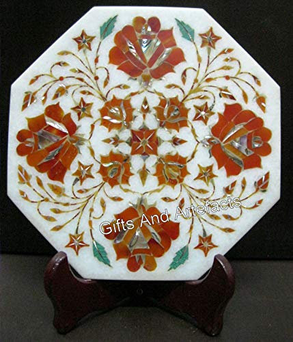 Gifts And Artefacts Marble Tea Pot Stand with Fabulous Look Carnelian Stone Inlay Work 8 x 8 Inches Octagon Shape Pizza Serving Plate for Restaurant Decor