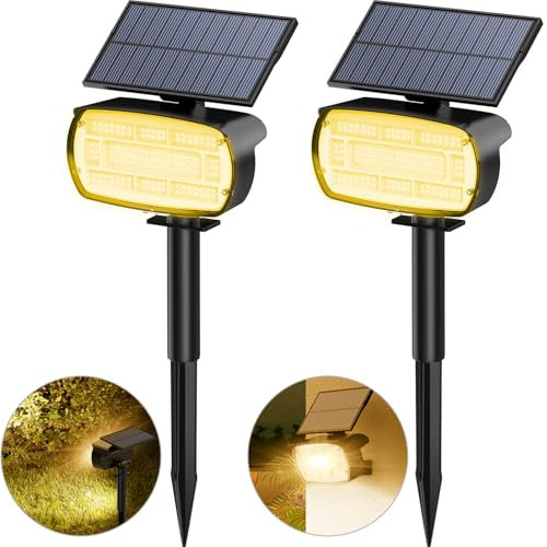Solarlampen für Außen, 2 Stück 136 LED Solarstrahler für Außen mit Einstellbare Panel, 3000K Warmweiß Solar Gartenleuchten, IP65 Wasserdicht, 3 Helligkeitsmodi Solarleuchten für Garten Weg Hof Garage