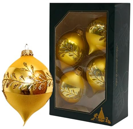 Glas Christbaumschmuck - 4er Set Zwiebel matt Gold mit Glitter Dekor, 9 cm, mit goldenem Krönchen