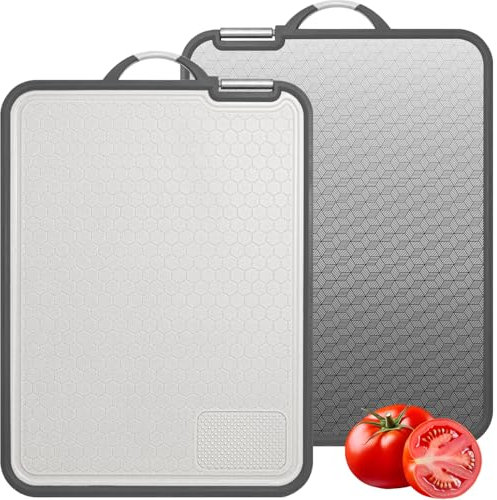 Tabla de cortar de doble cara, tamaño grande de 11.8 x 15.6 pulgadas, tabla de cortar de acero inoxidable 304 de grado alimenticio, acero inoxidable y paja de trigo PP, ecológica y fácil de limpiar (1