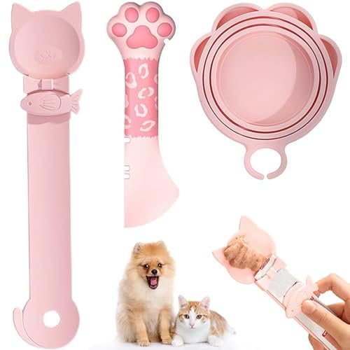 PETPAWLOVELY-Cat&Dog Food Can Covers Lids,Silicone Cat Food Spatula or Can Opener,Cat Treat Spoon.Multi-Function Cat Treat Dispenser Spoon,1 Lid&2 Spoon for Wet Food(Pink)