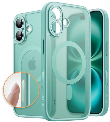 JETech Cover Magnetica per iPhone 16 6,1 Pollici con Pulsante di Controllo della Fotocamera, Compatibile con MagSafe, Traslucido Opaca Retro Sottile Antiurto Custodia (Verde Acqua)