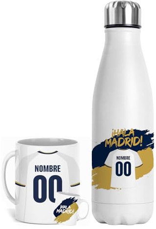 Set Taza y Botella Térmica Personalizada Fútbol | Regalo Original para Aficionados del Fútbol | Regalo Camisetas Equipos Futbol | Termo Acero Inoxidable Doble Capa 500 ml (Madrid)