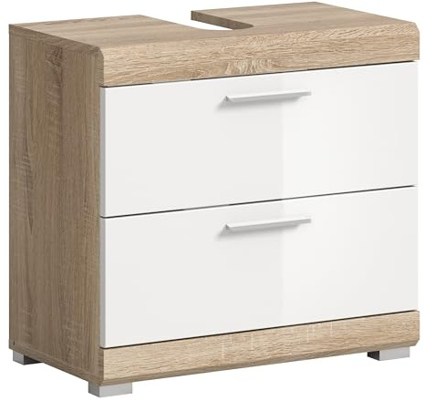 furnling Waschbeckenunterschrank Scott, weiße Hochglanzfront, 2 Schubladen, Unterschrank mit Siphon-Ausschnitt, Front mit Rillenfräsung, Breite 60 cm, Korpus Sonoma Eiche