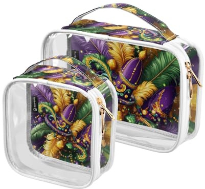 Amooorous 2 Pack Karneval Mardi Gras Gelb Lila Maske klare dekorative Herren Kulturbeutel für Reisen TSA zugelassen wiederverwendbare kosmetische Reisetasche Reise wesentliche Bolsa de maquillaje,,