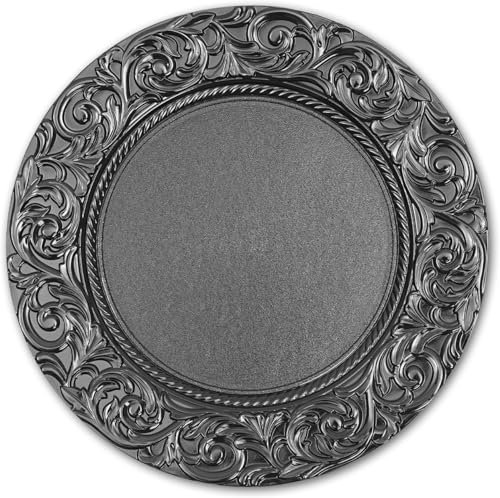 100 PCS Antique Charger Plates Bulk Round Plastic Dinner Plate Embossed Rim Server Plate Decorative Chargers Floral Plates for Dinner Parties Wedding,13 InchBlack,One Size