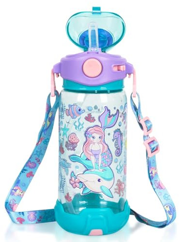 PinkSheep Botella de agua para niños con pajita/cordón, botella de agua potable de 650 ml, sin BPA, tapa abatible a prueba de fugas para niños, niñas, niños, escuela, deportes, viajes (sirena)