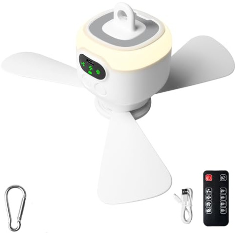 Ventilador de camping con luz, ventilador de camping con mando a distancia, recargable, 8000 mAh, ventilador de techo portátil, aspas extraíbles, ventilador de tienda de campaña USB con gancho para