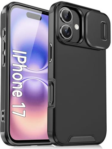 MODFYN Coque pour Apple 17 avec Cache Caméra, Protection Militaire Heavy Duty PC Dur Anti-Chut Antichoc Armor Bumper Housse Etui pour iPhone 17.Slide Black
