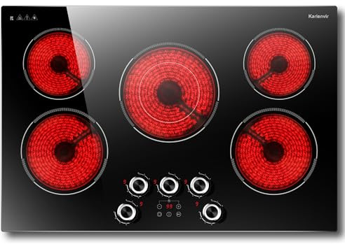 30 Inch Electric Cooktop Karienvir, 5 Burner Cooktop 8500W Built-in Electric Stove Top, Anti-slip Knob & Touch Control, Dual-Ring Burner, 30 Safety Lock, Timer, 220V Hardwired