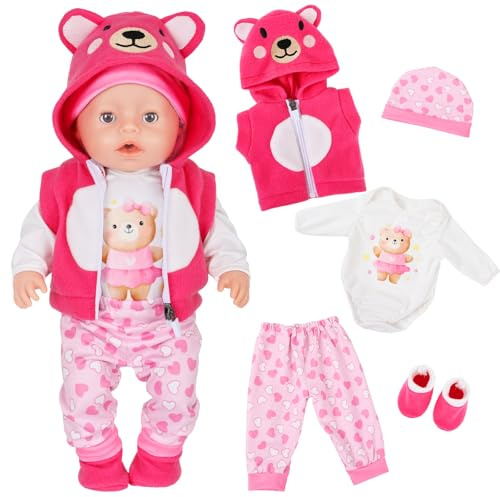 5 Stück Baby Puppen Puppenkleidung für 14-18 Zoll, Süßer Bären-Einteiler Kleidung für 35-43cm Puppen, Jacke+Bären-Body+ Hose+ Socken+Bärenmütze Süße Cartoon Puppenkleidung Geschenke für Mädchen Jungen