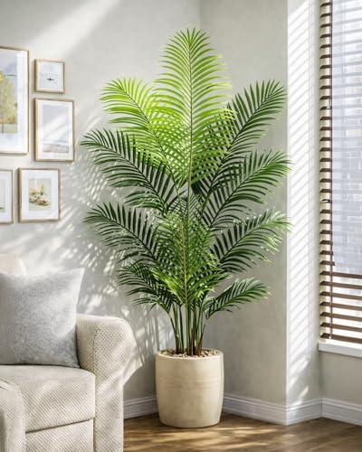 6FT Artificial Palm Tree Indoor Outdoor Plant, 180cm Tall Fake Tropical Palm Tree in Pot, Faux Areca Palm Floor Plant with Adjustable Branches, Maintenance-Free for Living Room, Home Office Decor