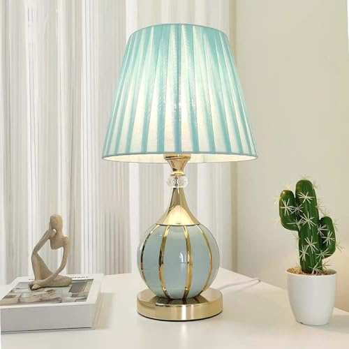 Mengjay Elegante Keramik Tischlampe, Weiß-Gold, Plissierter Lampenschirm, 43cm Höhe, E27 Fassung, Kristallglas-Akzent, Modernes Design für Wohnzimmer und Schlafzimmer (Stil.B)