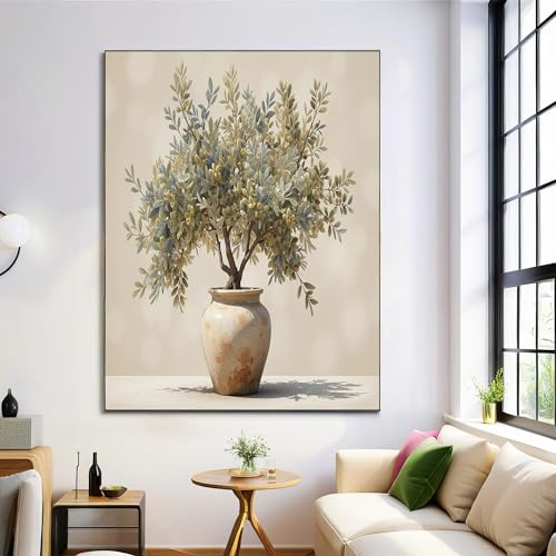 GDJSMIN Cuadros Decoracion Dormitorios Grandes, 80×120 Cm Pintura Al Óleo Rústica Vintage Lienzos Decorativos Pared Salon, Cuadros Decoracion Pared Maceta Textura De Olivo, Beige Wall Art Comedor