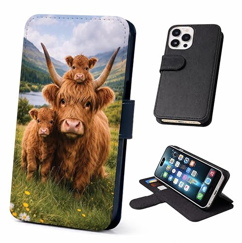 Highland Cow Wallet Phone Case Flip Cover Compatible with iPhone SE, X, XR, 11, 12, 13, 14, 15, 16 16E, 17 (Air, Plus, Mini, Pro, Max Models) – Faux Leather Scottish Highland Cow and Calf