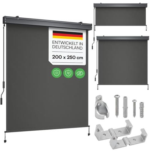 STEELSØN Azurian Senkrechtmarkise 200x250 cm, Anthrazit, Sichtschutz Balkon | Außenrollo mit Handkurbel, Balkonmarkise, Windschutz & Sonnenschutz, Vertikalmarkise wetterfest, mit Montageset, Balkonrollo