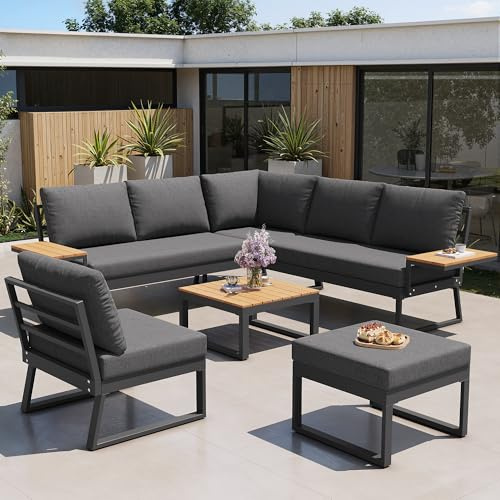 FammyLoft L-Form Gartensofa Set für 7 Personen, Modulare Outdoor Sofa mit Holzarmlehnen, Gartenlounge Set mit Verstellbarer Neigefunktion(Eckposition,5-stufig, bis 55°), Terrassenmöbel Wetterfest