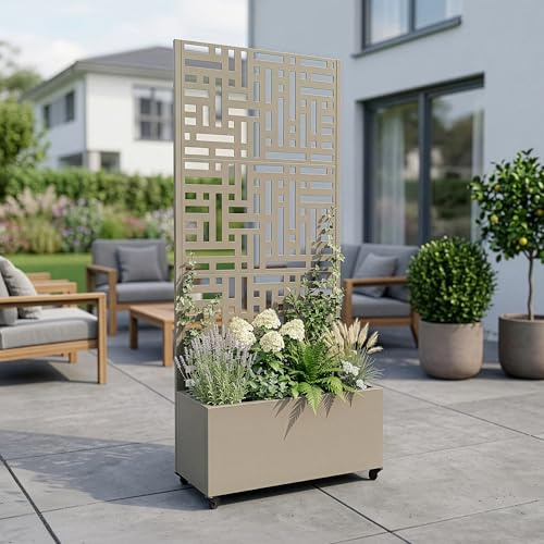 casa.pro Blumenkasten mit Sichtschutz Bernalda Rankgitter Metall Balkon Pflanzkübel hoch 190 x 82 x 38 cm Trennwand mit Rollen Knoblauchbeige